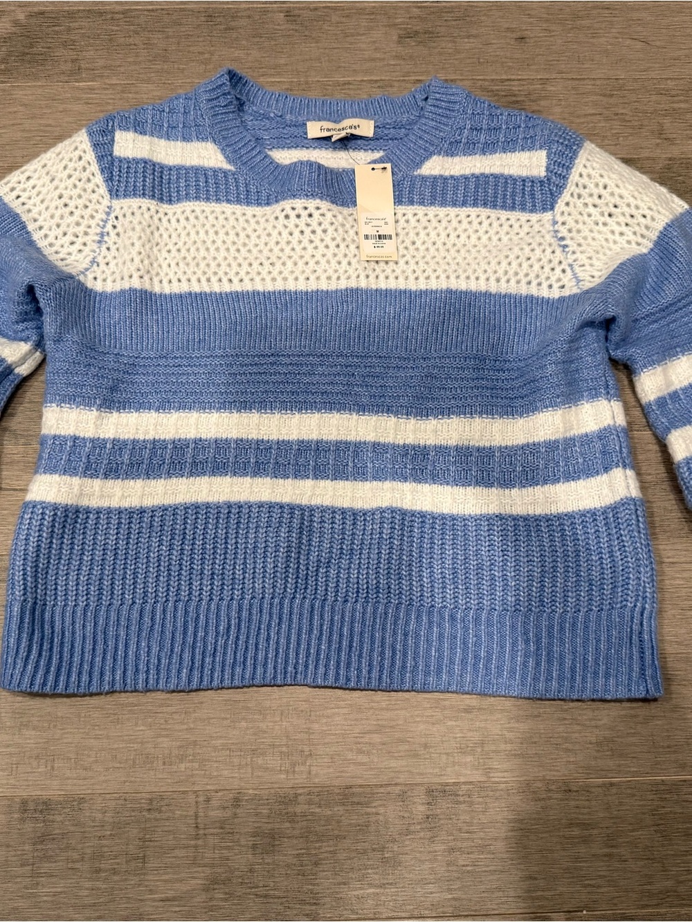NWT -Francesca's Collections Sky Blue & White Striped Open-Knit Crewneck Sweater